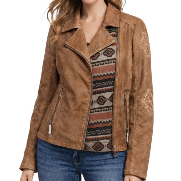 Montana Co Jackets & Blazers - Montana Co Vegan Leather Moto Jacket Aztec Embroidered Sleeve Aztec Accent